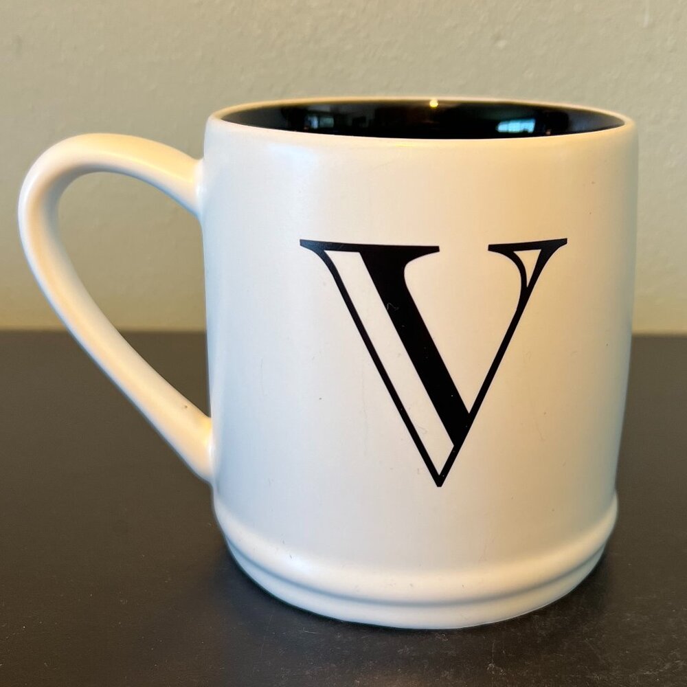 MODERN EXPRESSIONS Letter V Monogram Initial White Matte Stoneware Coffee Mug